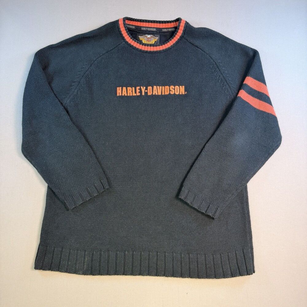 Vintage Harley Davidson Crew Neck Knit Sweater Black & Orange Men's Large